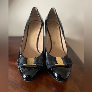 Salvatore Ferragamo Black Patent Leather Heels with Gold Accent